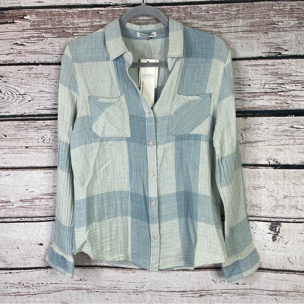 🏷️NWT Paparazzi Button Down Shirt Lightweight “Denim‎ Plaid” Blue Size Large